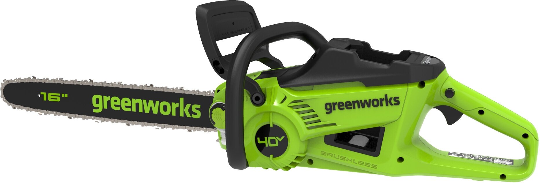 

Пила цепная Greenworks GD40CS20X, 2 кВт, бесщеточный, шина 40 см, шаг 3/8 дюйма, аккумуляторная, 40 В, 4 А·ч, Li-Ion, 4.2 кг, без АКБ и ЗУ (2008807), GD40CS20X