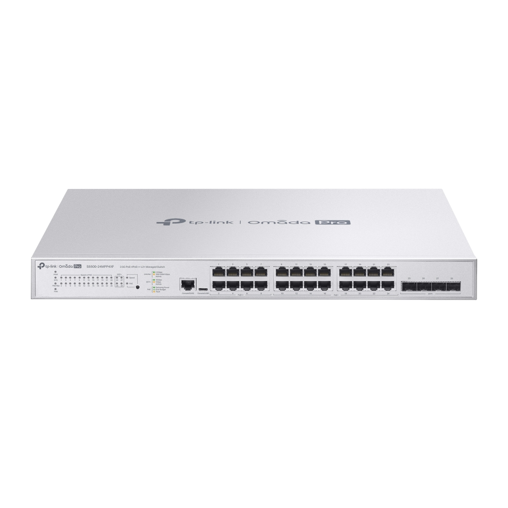 

Коммутатор TP-Link Omada Pro S5500-24MPP4XF, управляемый, кол-во портов: 24x2.5 Гбит/с, кол-во SFP/uplink: SFP+ 4x10 Гбит/с, установка в стойку, PoE: 24x60 Вт (макс. 500 Вт) (S5500-24MPP4XF), S5500-24MPP4XF