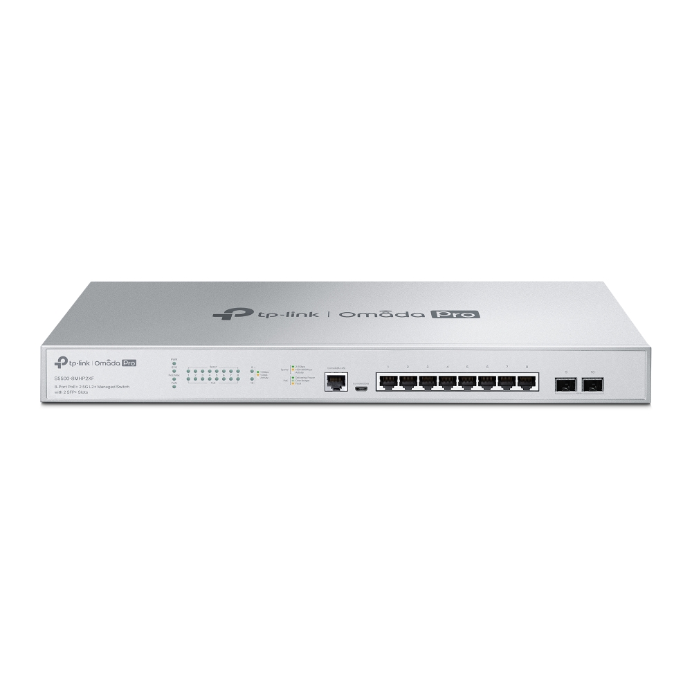 

Коммутатор TP-Link Omada Pro S5500-8MHP2XF, управляемый, кол-во портов: 8x2.5 Гбит/с, кол-во SFP/uplink: SFP+ 2x10 Гбит/с, установка в стойку, PoE: 8x30 Вт (макс. 240 Вт) (S5500-8MHP2XF), S5500-8MHP2XF