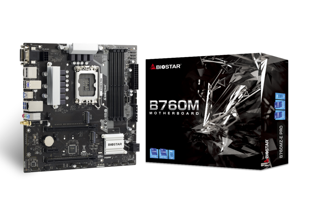 

Материнская плата Biostar B760MZ-E PRO, Socket1700, Intel B760, 4xDDR5 DIMM, 2PCI-Ex16, 4SATA3, 7.1-ch, 2.5GLAN, 5 USB 3.2, 1 USB Type-C, VGA, DVI, HDMI, DP, mATX, Retail, B760MZ-E PRO