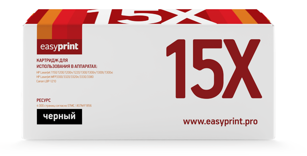 

Картридж лазерный EasyPrint LH-15X U (15X/Q2613A/Q2624A/C7115A/EP-25), черный, 4000 страниц, совместимый для 1000w/LJ 1000/1005/1005w/1150/1200/1200n/1220/1300/1300n/1300t/1300xi/MFP3300/MFP3320/MFP3320n/MFP3330/MFP3380/Laser Shot LBP1210