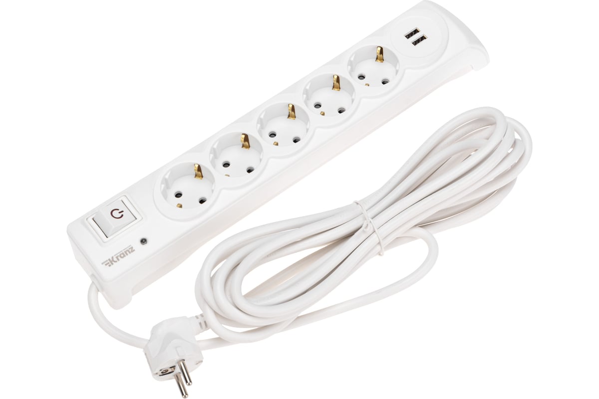 

Сетевой фильтр Kranz, 5-розеток, 2xUSB, 5 м, белый (13-4701)