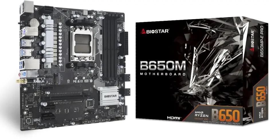 

Материнская плата Biostar B650MP-E Pro, AM5, AMD B650, 4xDDR5 DIMM, PCI-Ex16, 4SATA3, 7.1-ch, 2.5GLAN, 7 USB 3.2, 2 USB Type-C, HDMI, DP, mATX, Retail, B650MP-E Pro