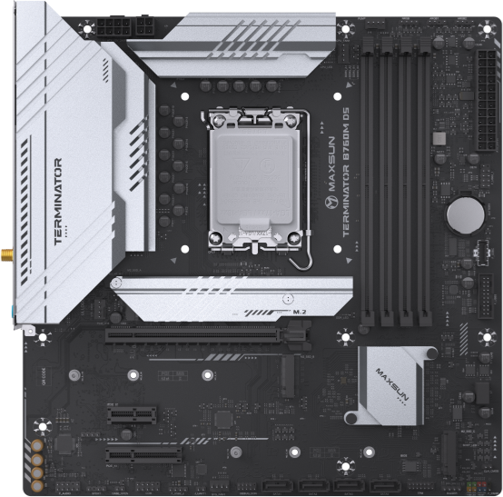 

Материнская плата MaxSun Terminator B760M D5 WiFi, Socket1700, Intel B760, 4xDDR5 DIMM, PCI-Ex16, 4SATA3, 5.1-ch, 2.5GLAN, 4 USB 3.2, 1 USB Type-C, HDMI, DP, mATX, Retail, Terminator B760M D5 WiFi