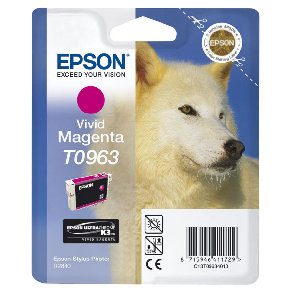 

Картридж струйный Epson T0963 (C13T09634010), пурпурный, оригинальный, ресурс 865 страниц, для Epson Stylus Photo R2880, T0963