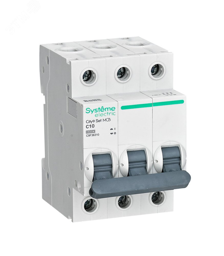 

Выключатель автоматический Systeme Electric 400В City9 Set трехполюсный (3P/3П) 10А C 6 kA (C9F36310), 400В