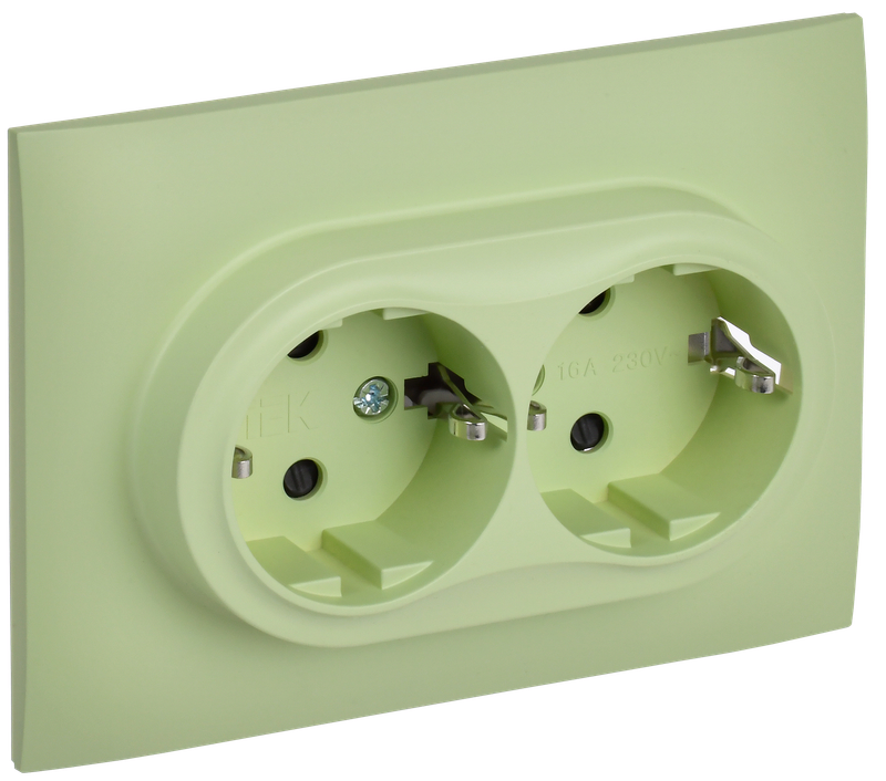 

Розетка IEK SKANDY SK-R07G, скрытый монтаж, 2-х постовая, с з/к, со шторками, 16А, в сборе, IP20, мятный, 1 шт. (SK-R24-16-K06-F), SK-R07G