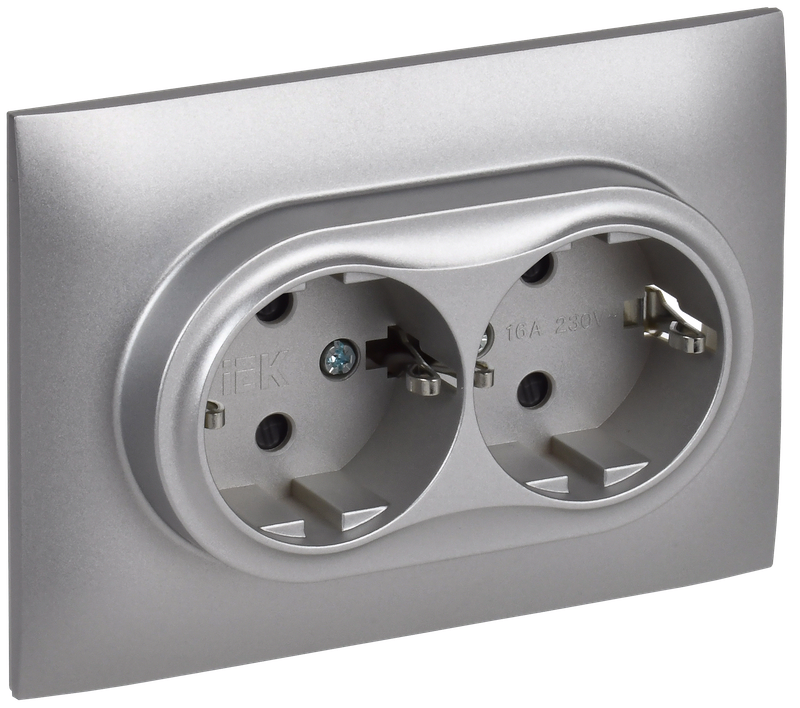 

Розетка IEK SKANDY SK-R07S, скрытый монтаж, 2-х постовая, с з/к, со шторками, 16А, в сборе, IP20, серебристый, 1 шт. (SK-R24-16-K23-F), SK-R07S