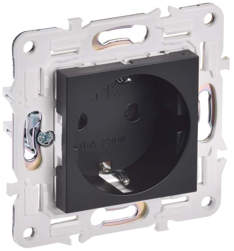 

Розетка IEK SKANDY SK-R06Bl, скрытый монтаж, однопостовая, с з/к, со шторками, 16А, механизм розетки с накладкой, IP20, безвинтовое крепление, черный, 1 шт. (SK-R14-16-1-K02), SK-R06Bl