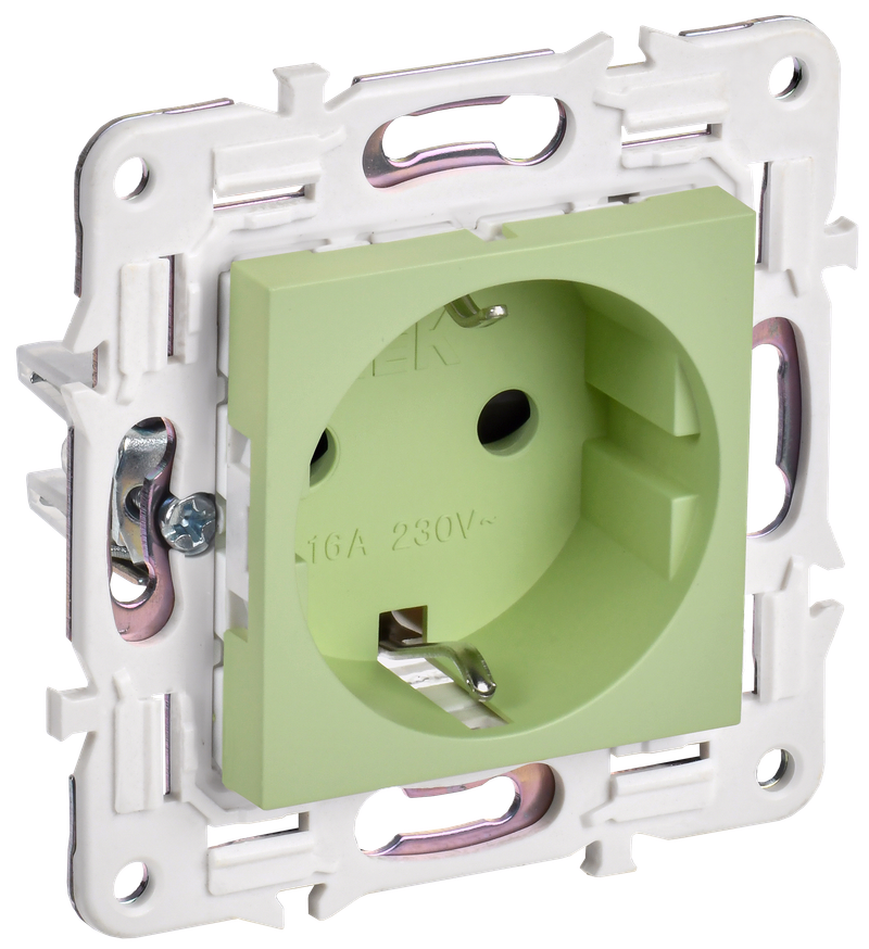 

Розетка IEK SKANDY SK-R06G, скрытый монтаж, однопостовая, с з/к, со шторками, 16А, механизм розетки с накладкой, IP20, безвинтовое крепление, мятный, 1 шт. (SK-R14-16-1-K06), SK-R06G