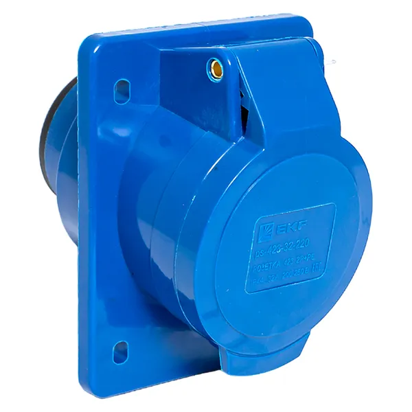 

Розетка EKF 423, скрытый монтаж, однопостовая, с крышкой, 32А, в сборе, IP44, 2P+PE, синий, 1 шт. (ps-423-32-220), 423