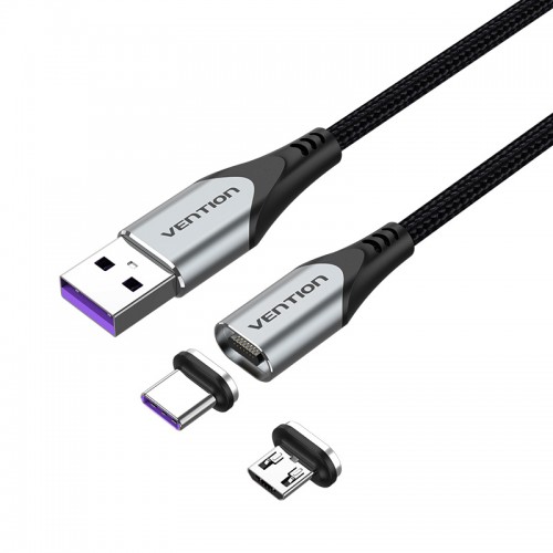 

Кабель USB-Micro USB+USB Type-C, магнитный, экранированный, быстрая зарядка, 5А, 50 см, черный/серый, Vention CQN (CQNHD), CQN