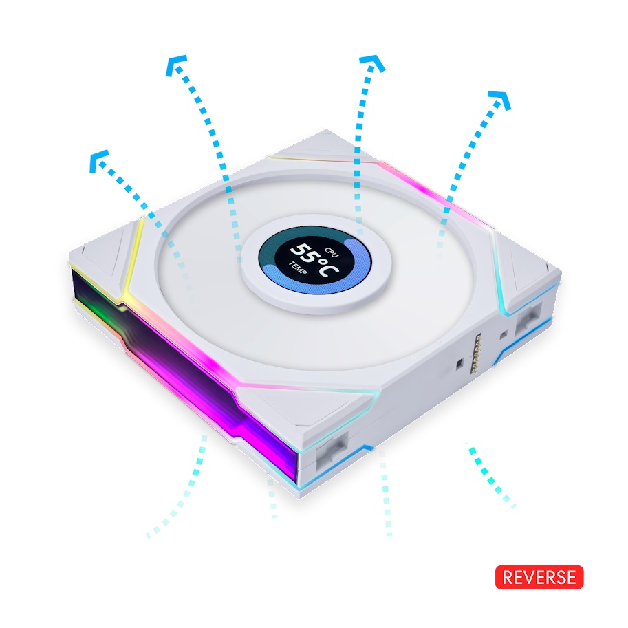 

Вентилятор Lian Li UNI Fan LCD 120 Reverse White, 120x125мм мм, 1900rpm, 31 дБ, 4-pin PWM, 1шт, белый, ARGB подсветка (G99.12RTLLCD1W.R0), LCD 120 Reverse White