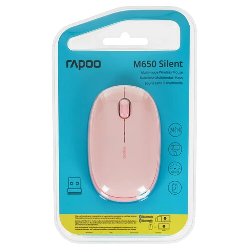 

Мышь беспроводная Rapoo M650, 1300dpi, оптическая светодиодная, Bluetooth/Радиоканал, розовый (M650-PINK), M650