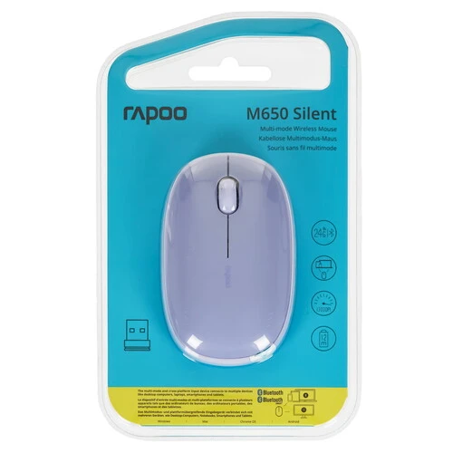 

Мышь беспроводная Rapoo M650, 1300dpi, оптическая светодиодная, Bluetooth/Радиоканал, фиолетовый (M650-PUR), M650