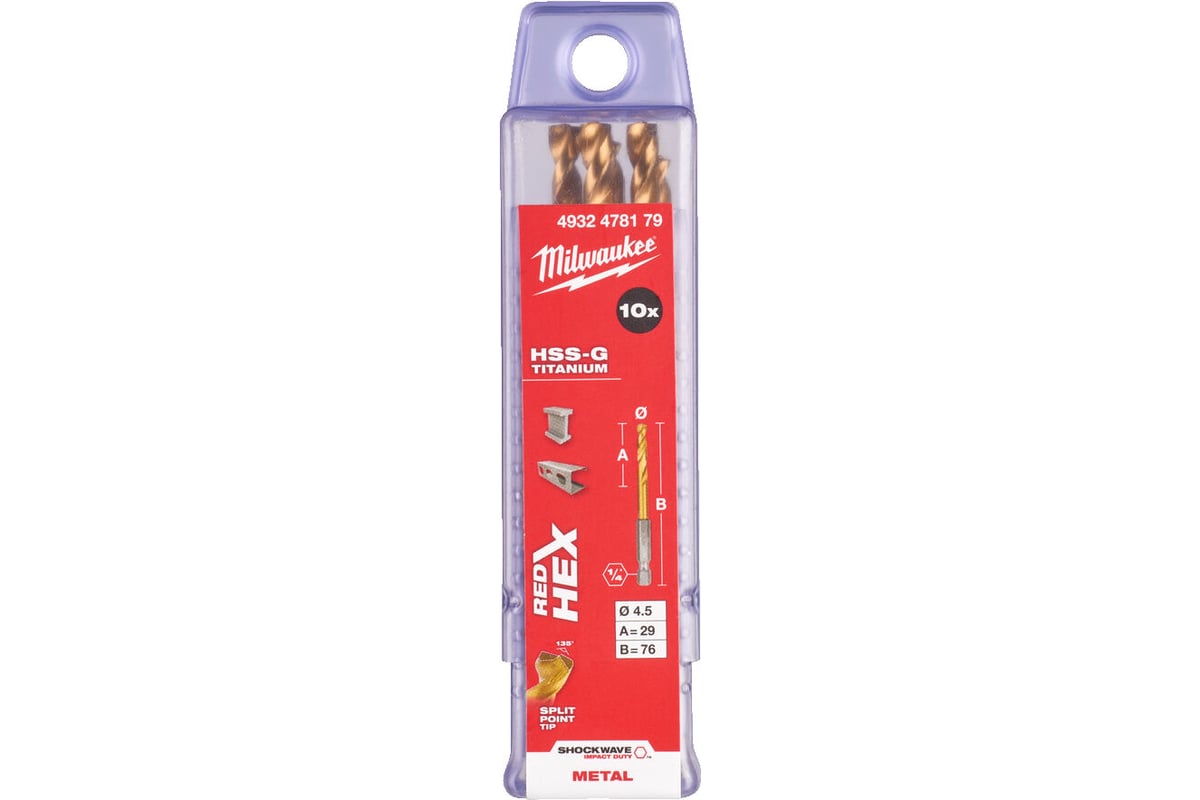 

Сверло ⌀4.5 мм x 76 мм/29 мм, HSS-TiN, по металлу, Milwaukee RedHex, 10 шт. (4932478179)