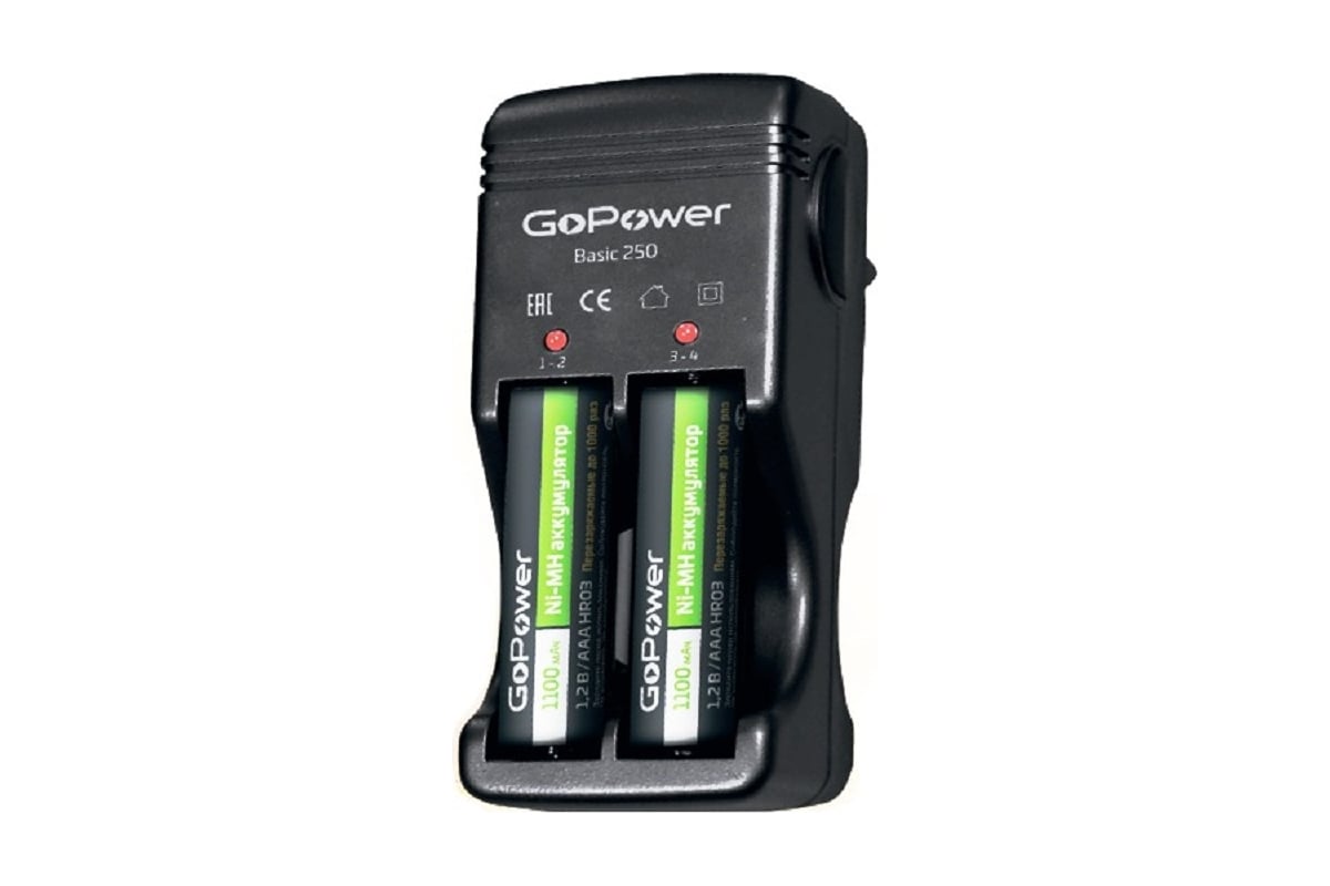 Зарядное устройство для аккумуляторов GoPower Basic 250, 4xNi-Cd; Ni-Mh размерами AA и AAA, черный (00-00015345)