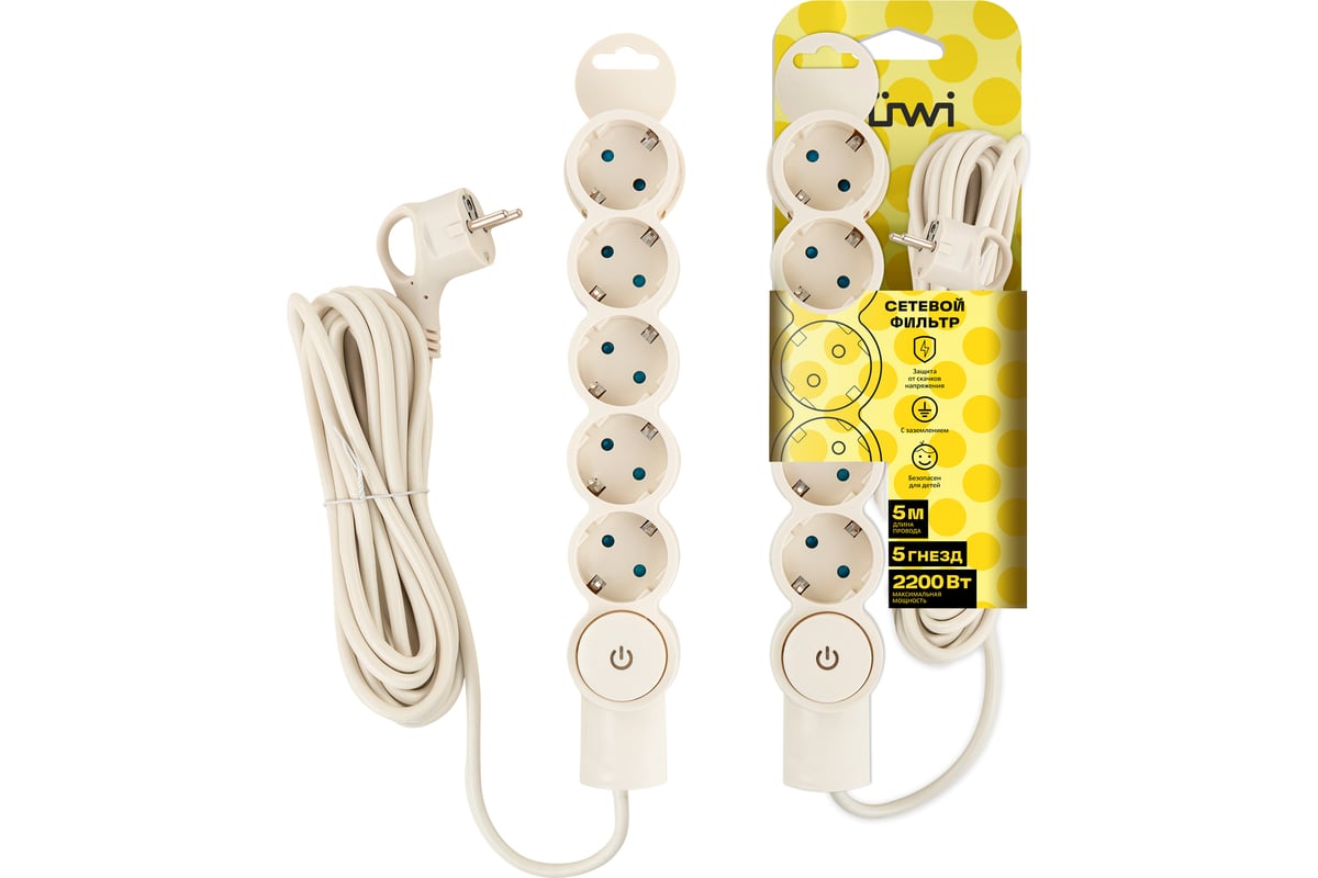 

Сетевой фильтр Duwi 32573 4, 5-розеток, 5 м, слоновая кость (32573 4), 32573 4