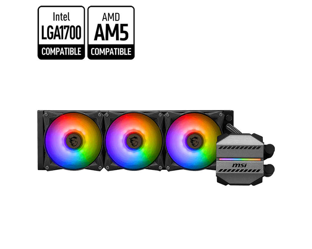

Жидкостное охлаждение MSI MAG CORELIQUID M360 для Socket 115x/2066/2011/2011-3/1356/1366/1200/1700/1851/AM5/AM4/TR4, 3x120 мм, ARGB, черный (306-7ZW4R24-813), MAG CORELIQUID M360