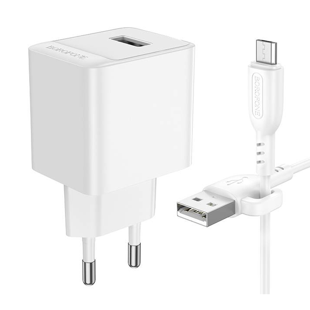 

Сетевое зарядное устройство Borofone Erudite BAS11A, USB, EU, белый (6941991104640), кабель microUSB/USB Type A, BAS11A