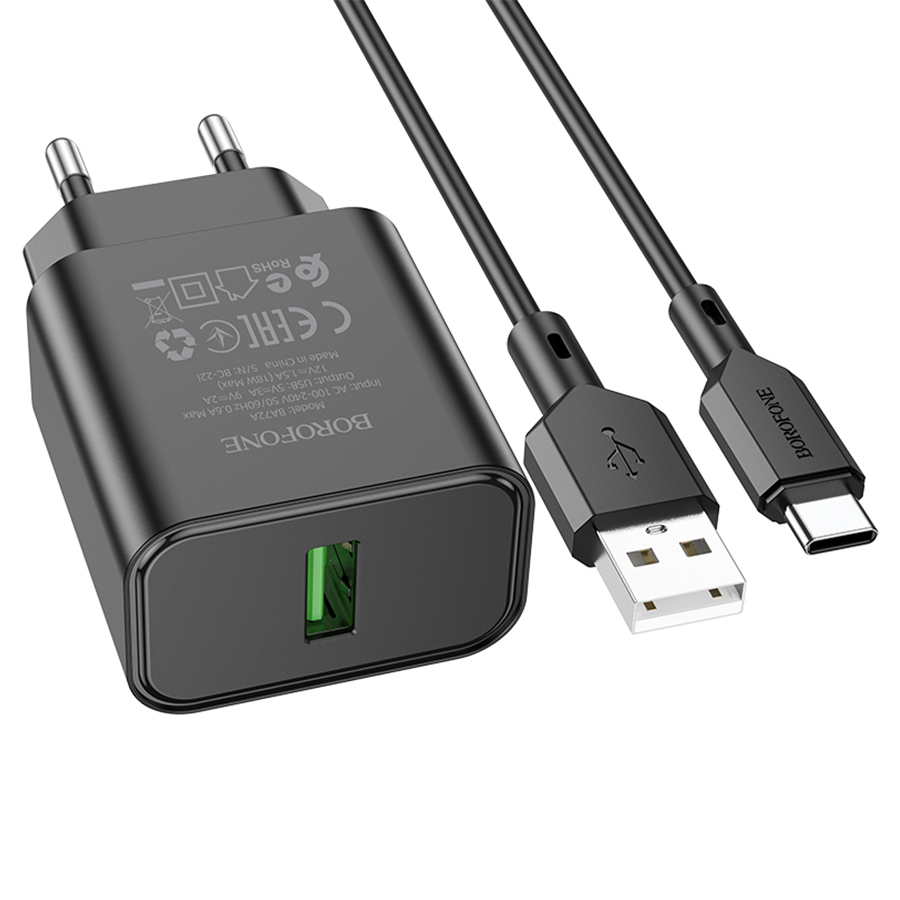 

Сетевое зарядное устройство Borofone BA72A Spring 18 Вт, USB, EU, Quick Charge, черный (6974443388589), кабель USB Type A/USB Type C, BA72A Spring