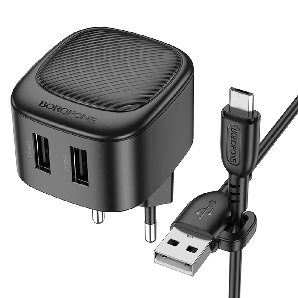 

Сетевое зарядное устройство Borofone BAS21A 10.5 Вт, 2xUSB, EU, черный (6941991109287), кабель microUSB/USB Type A, BAS21A