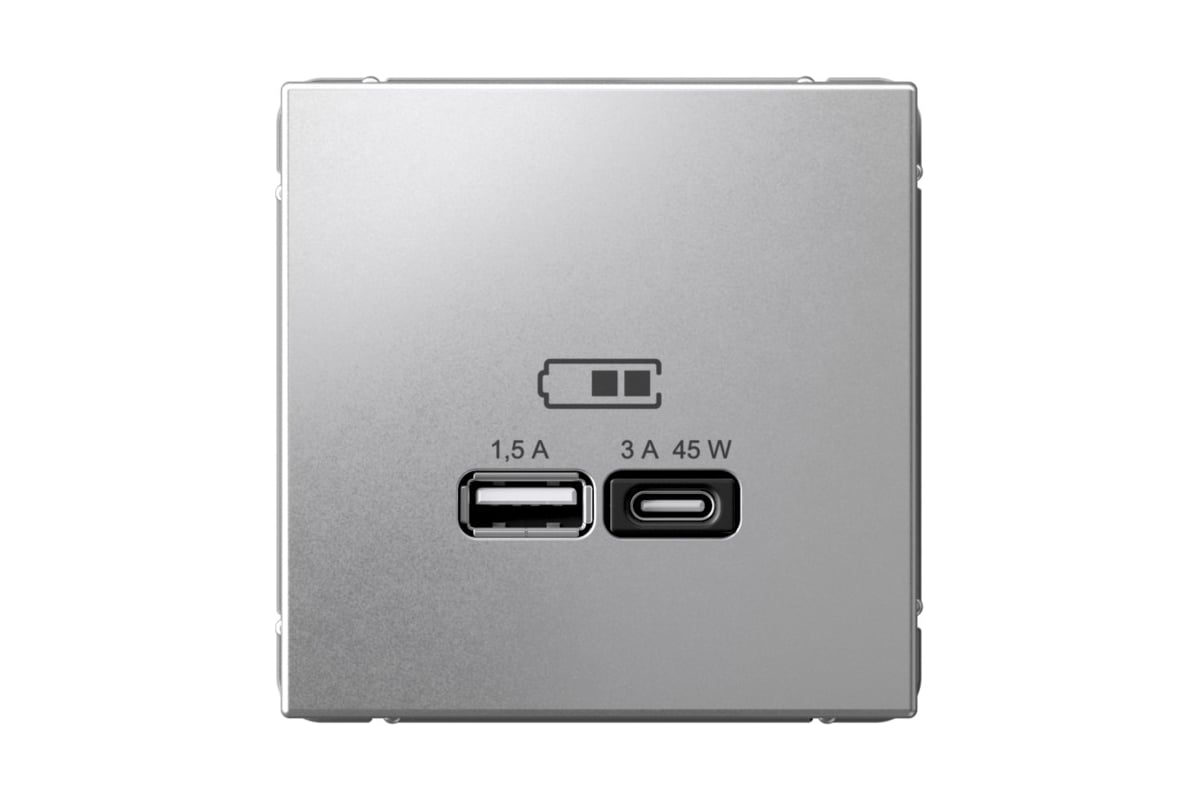 

Розетка Systeme Electric AartGallery, USB-A, USB-C, 1.5А, 3А, 45 Вт, механизм с накладкой, алюминий (GAL000329)