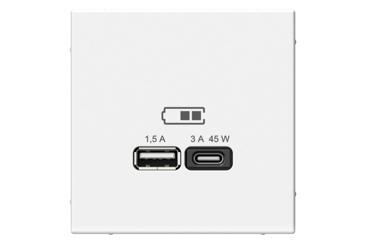 

Розетка Systeme Electric AartGallery, USB-A, USB-C, 1.5А, 3А, 45 Вт, механизм с накладкой, белый (GAL000129)