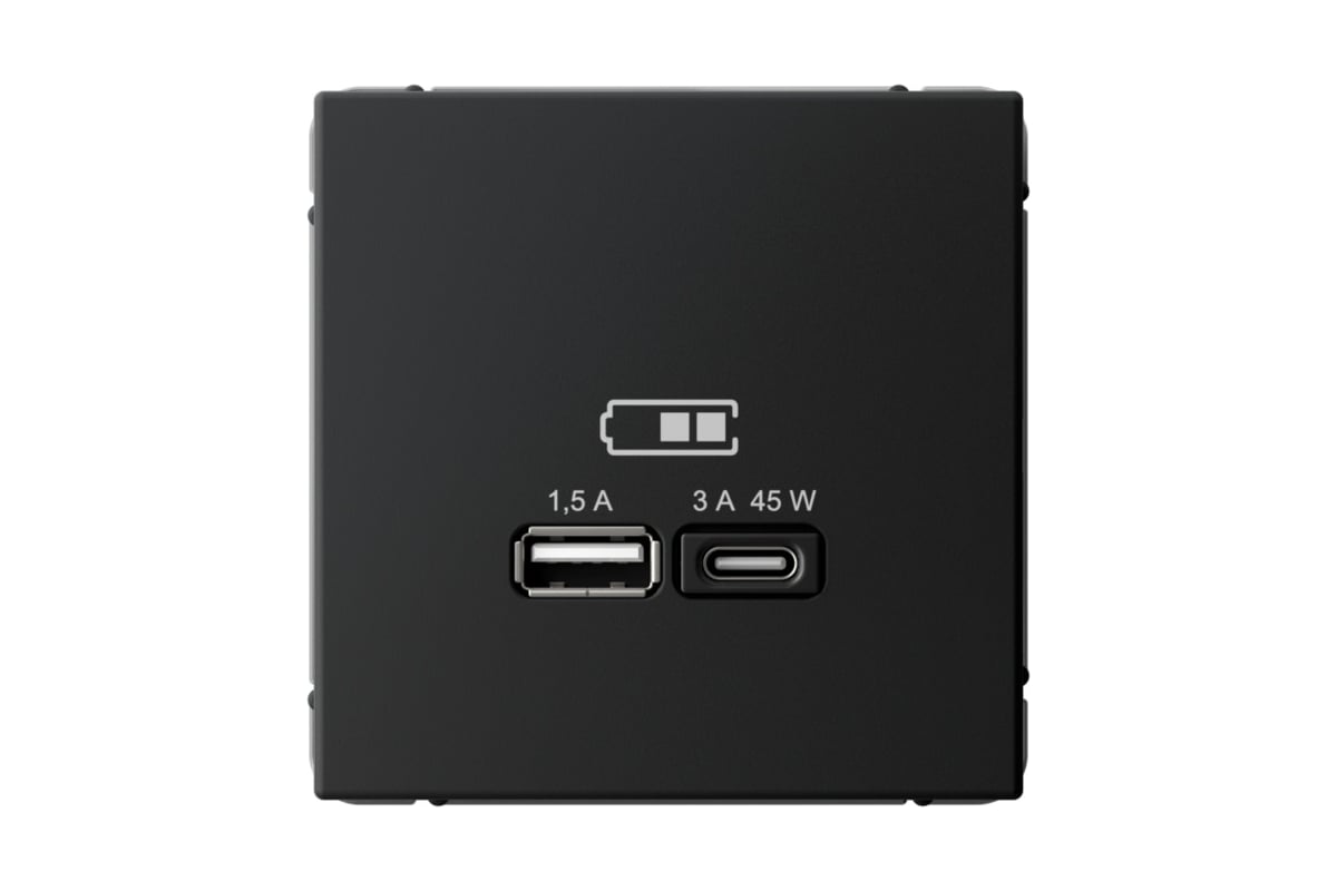 

Розетка Systeme Electric AartGallery, USB-A, USB-C, 1.5А, 3А, 45 Вт, механизм с накладкой, карбон (GAL001029)