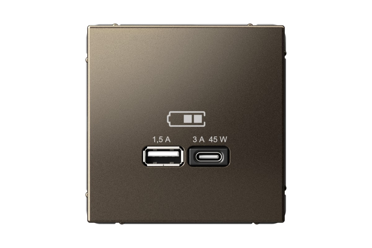 

Розетка Systeme Electric AartGallery, USB-A, USB-C, 1.5А, 3А, 45 Вт, механизм с накладкой, мокко (GAL000629)