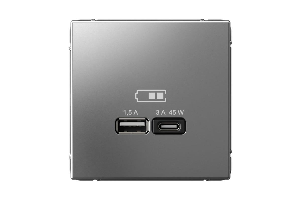 

Розетка Systeme Electric AartGallery, USB-A, USB-C, 1.5А, 3А, 45 Вт, механизм с накладкой, стальной (GAL000929)