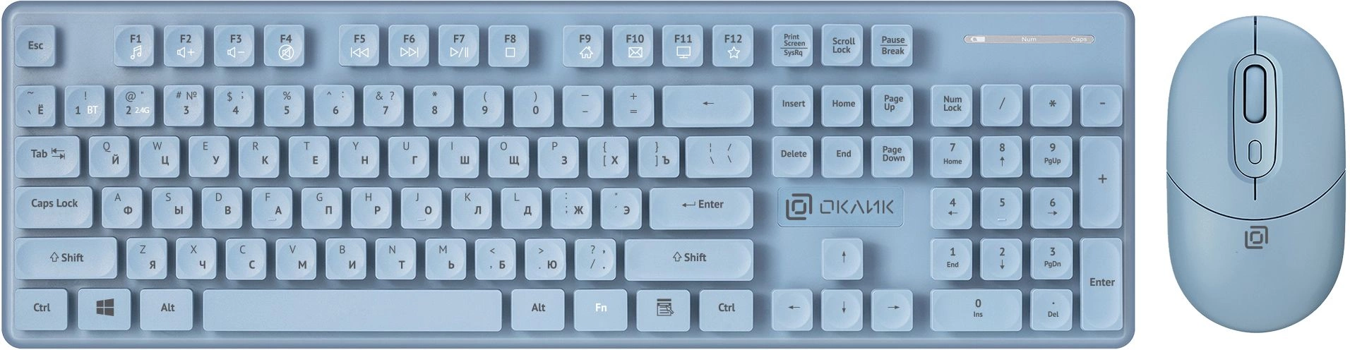 

Клавиатура + мышь Oklick S265W, беспроводная, Bluetooth / USB, голубой (1938927), S265W