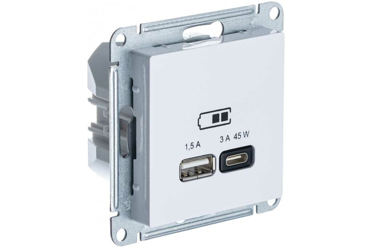 

Розетка Systeme Electric AtlasDesign, USB-A, USB-C, 1.5А, 3А, 45 Вт, механизм с накладкой, белый (ATN000129)