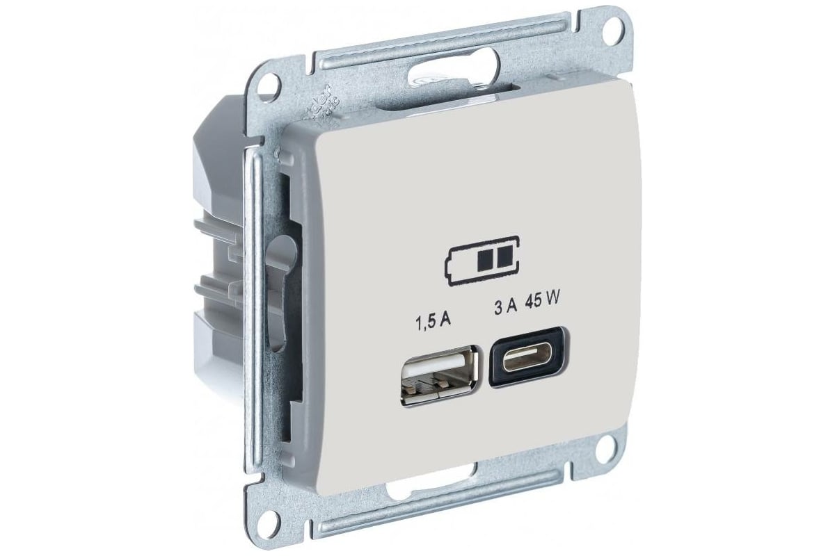 

Розетка Systeme Electric Glossa, USB-A, USB-C, 1.5А, 3А, 45 Вт, механизм с накладкой, бежевый (GSL000229)