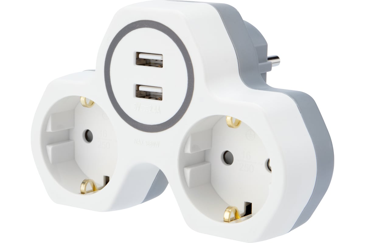 

Сетевой фильтр REXANT, 2-розетки, 2xUSB, белый/серый (11-1089)