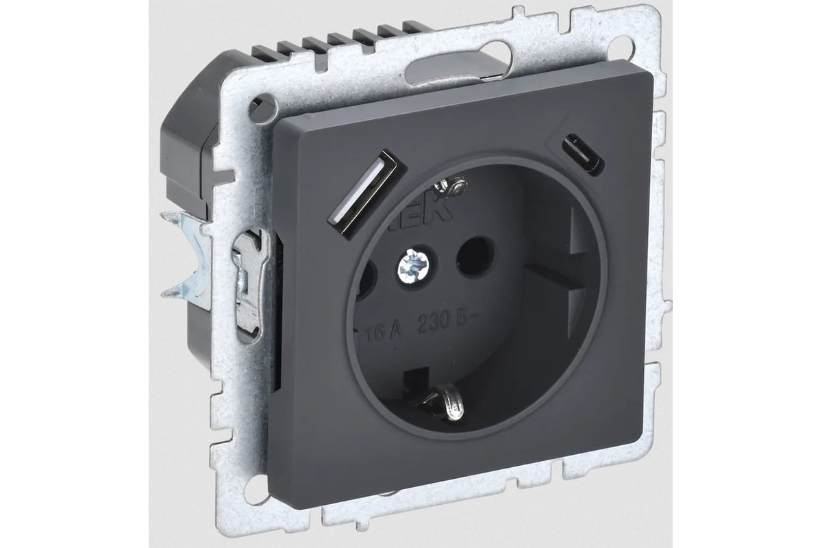 

Розетка IEK BRITE РЮш11-1-БрГ, скрытый монтаж, однопостовая, с з/к, со шторками, 16А, механизм розетки с накладкой, IP20, USB-A, USB Type-C, графит, 1 шт. (BR-R14-16-U22-018-K53), РЮш11-1-БрГ