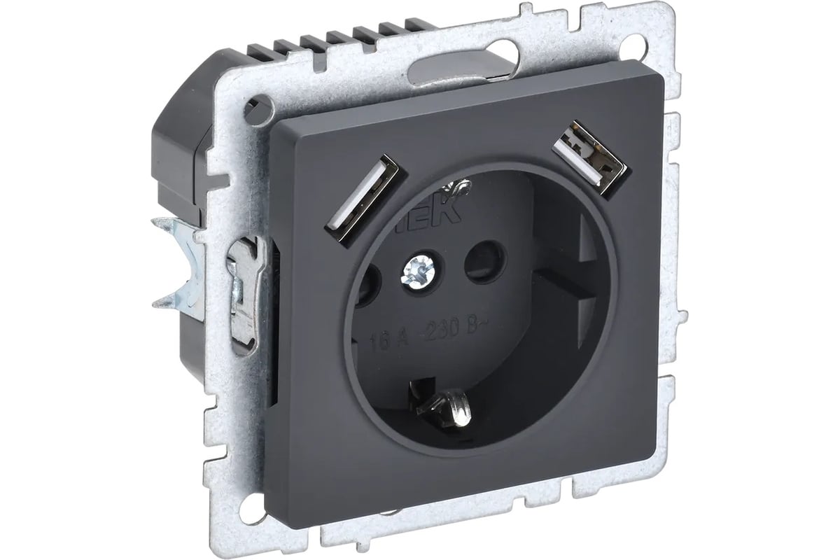 

Розетка IEK BRITE РЮш10-1-БрГ, скрытый монтаж, однопостовая, с з/к, со шторками, 16А, механизм розетки с накладкой, IP20, 2xUSB, графит, 1 шт. (BR-R14-16-U21-D21-K53), РЮш10-1-БрГ