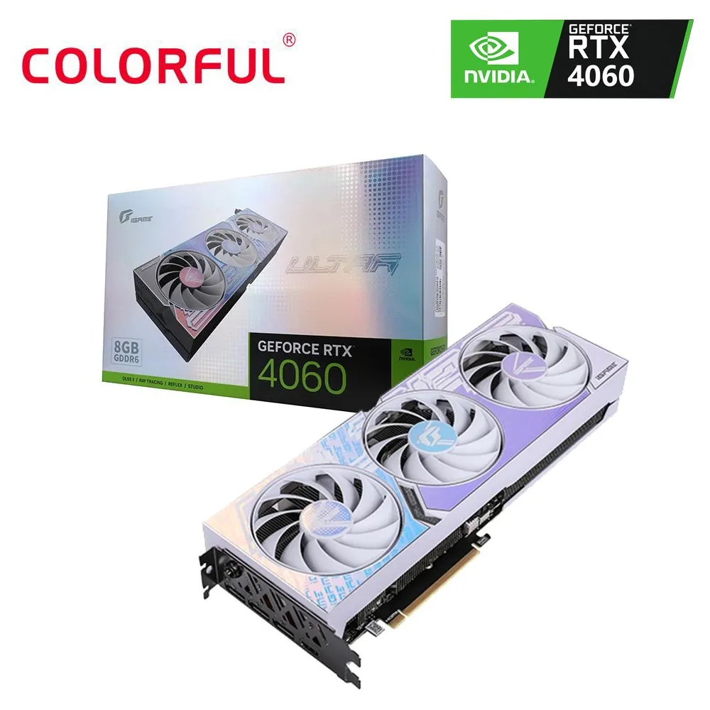 

Видеокарта Colorful NVIDIA GeForce RTX 4060 Ultra W OC 8GB-V, 8Gb DDR6, 128 бит, PCI-E, HDMI, 3DP, Retail (RTX 4060 Ultra W OC 8GB-V), Ultra W OC 8GB-V