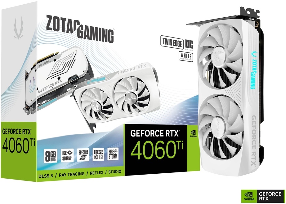 

Видеокарта ZOTAC NVIDIA GeForce RTX 4060Ti TWIN EDGE OC WHITE ED, 8Gb GDDR6, 128 бит, PCI-E, HDMI, 3DP, Retail (ZT-D40610Q-10M), TWIN EDGE OC WHITE ED