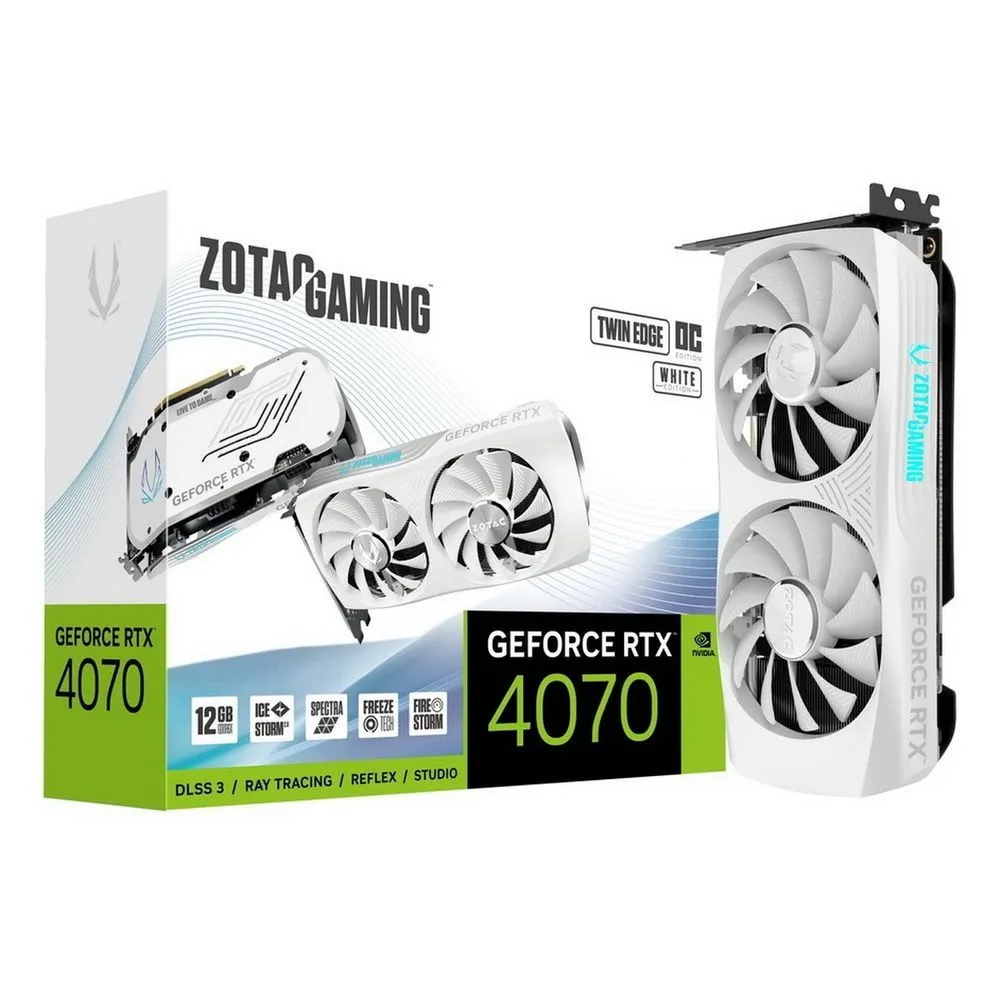 

Видеокарта ZOTAC NVIDIA GeForce RTX 4070 TWIN EDGE OC WHITE ED, 12Gb GDDR6X, 192 бит, PCI-E, HDMI, 3DP, Retail (ZT-D40700Q-10M), TWIN EDGE OC WHITE ED