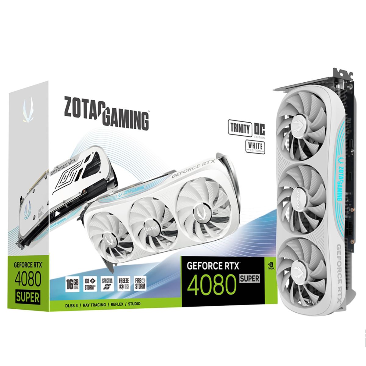 

Видеокарта ZOTAC NVIDIA GeForce RTX 4080 Super TRINITY OC WHITE ED, 16Gb GDDR6X, 256 бит, PCI-E, HDMI, 3DP, Retail (ZT-D40820Q-10P), TRINITY OC WHITE ED