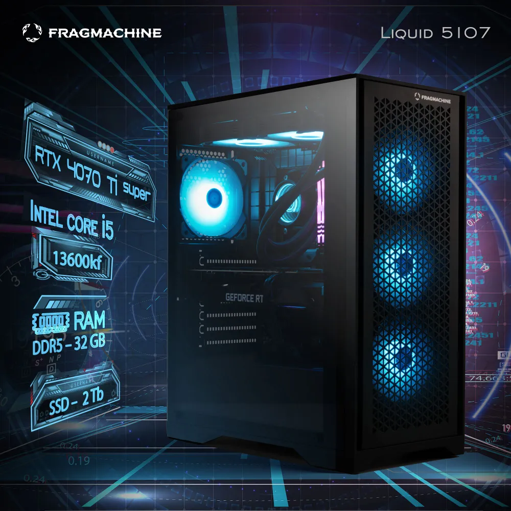 

Системный блок FragMachine Liquid 5107 , Intel Core i5 13600KF 3.5 ГГц, 32Gb RAM, 2Tb SSD, NVIDIA GeForce RTX 4070Ti Super 16Gb, без ОС, черный (L5136R4070TS), 5107