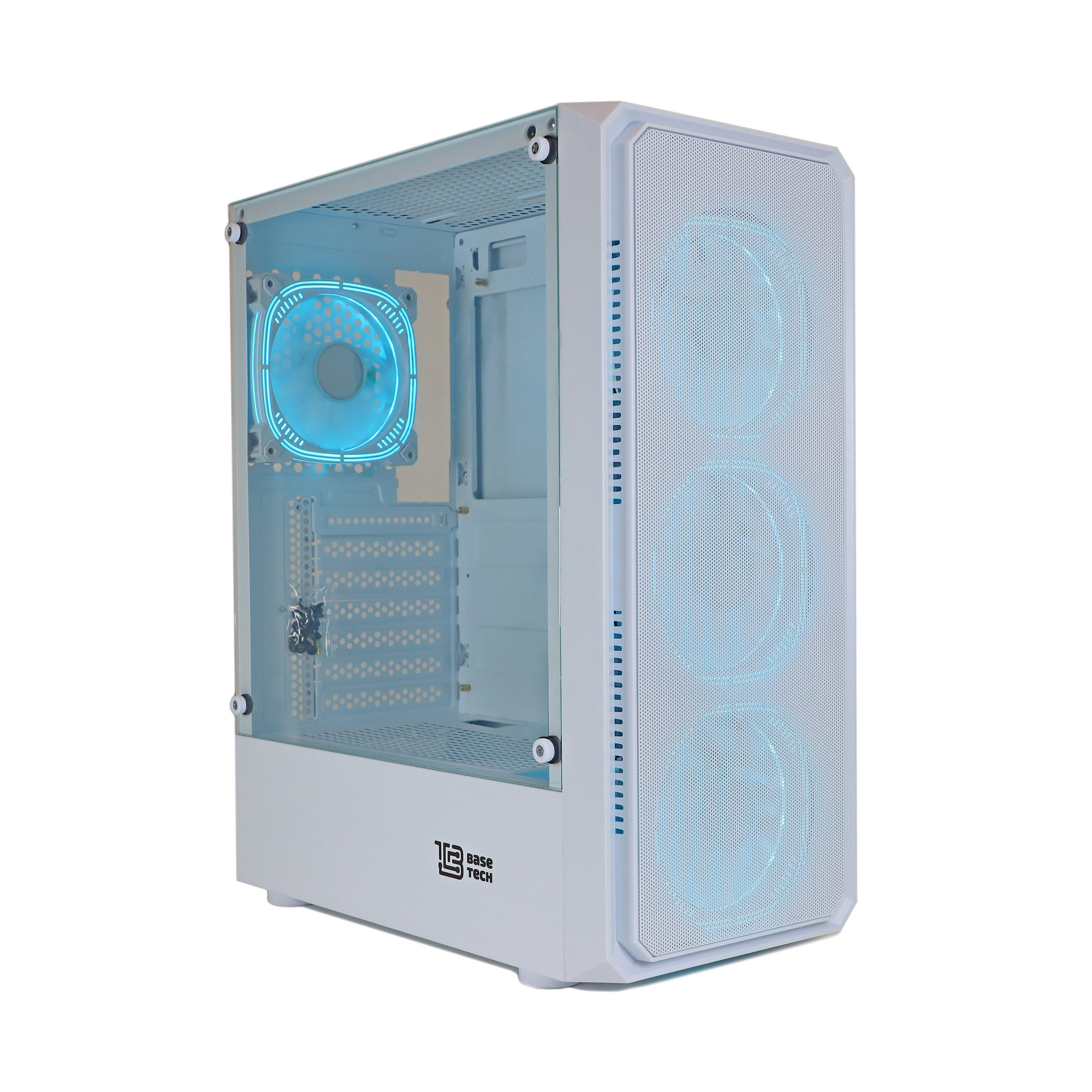 

Корпус BaseTech eXtreme GFX-03, ATX, Midi-Tower, USB 3.0, голубая подсветка, белый, без БП (BT-GFX-03W-MESH-4F-IB), GFX-03