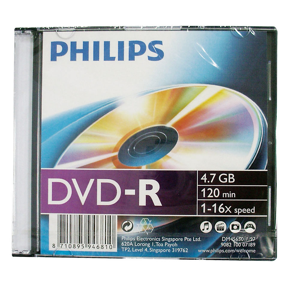 Диск Philips DVD-R, 4.7Gb, 16x, Slim Case, 1 шт (DM4S6S01F/97)