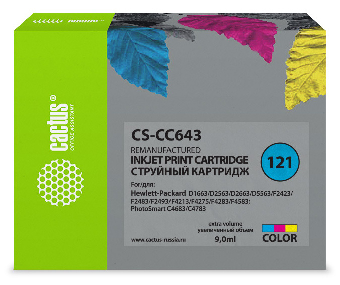 

Картридж струйный Cactus CS-CC643 (121), цветной, совместимый, 10 мл, для HP DJ D2563 / F2483 / F4283 / F4583 / C4683, ENVY 110