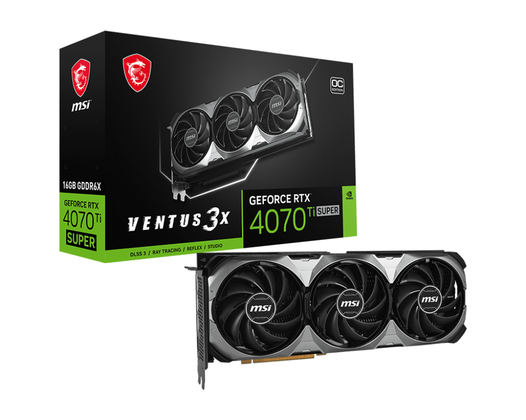 

Видеокарта MSI NVIDIA GeForce RTX 4070Ti SUPER VENTUS 3X BLACK OC, 16Gb GDDR6X, 256 бит, PCI-E, HDMI, 3DP, Retail (GeForce RTX 4070 Ti SUPER 16G VENTUS 3X BLACK OC), VENTUS 3X BLACK OC