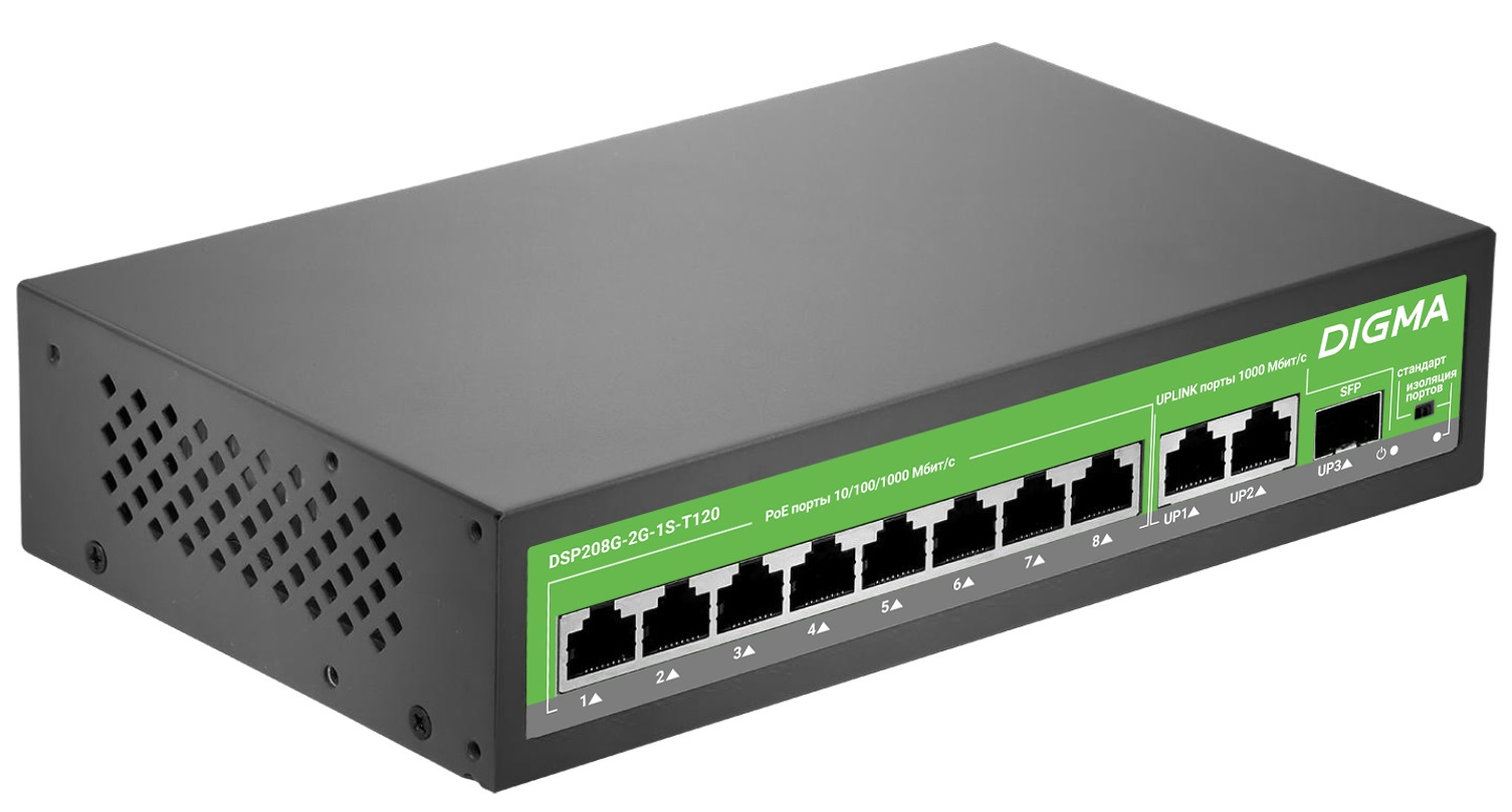 

Коммутатор Digma DSP208G-2G-1S-T120, кол-во портов: 8x1 Гбит/с SFP 1x1 Гбит/с, кол-во SFP/uplink: RJ-45 2x1 Гбит/с, PoE: 8x30 Вт (макс. 120 Вт) (DSP208G-2G-1S-T120), DSP208G-2G-1S-T120