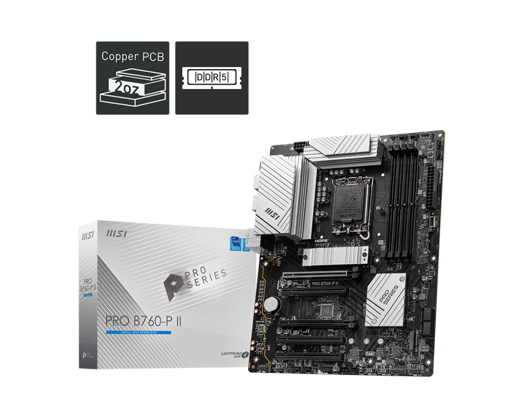 

Материнская плата MSI PRO B760-P II, Socket1700, Intel B760, 4xDDR5 DIMM, 2PCI-Ex16, 4SATA3, 7.1-ch, 2.5GLAN, 6 USB 3.2, 2 USB Type-C, HDMI, DP, ATX, Retail, PRO B760-P II