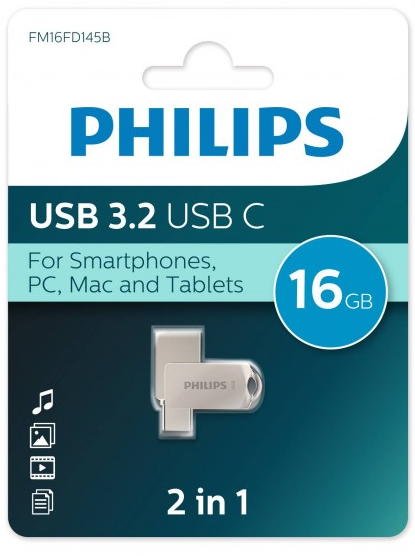 

Флешка 16Gb USB 3.2/Type-C PHILIPS 2-in-1, серый (FM16FD145B/97)