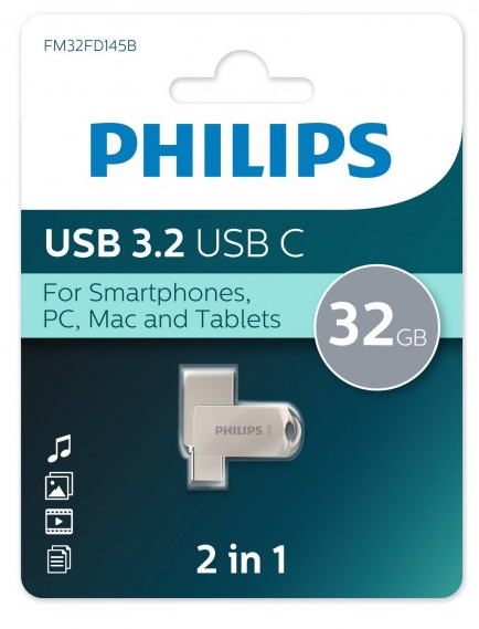 

Флешка 32Gb USB 3.2/Type-C PHILIPS 2-in-1, серый (FM32FD145B/97)